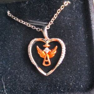 Gold Angel Solid Sterling heart pendant.  925 18" chain. New, Macy's. CZ Dainty